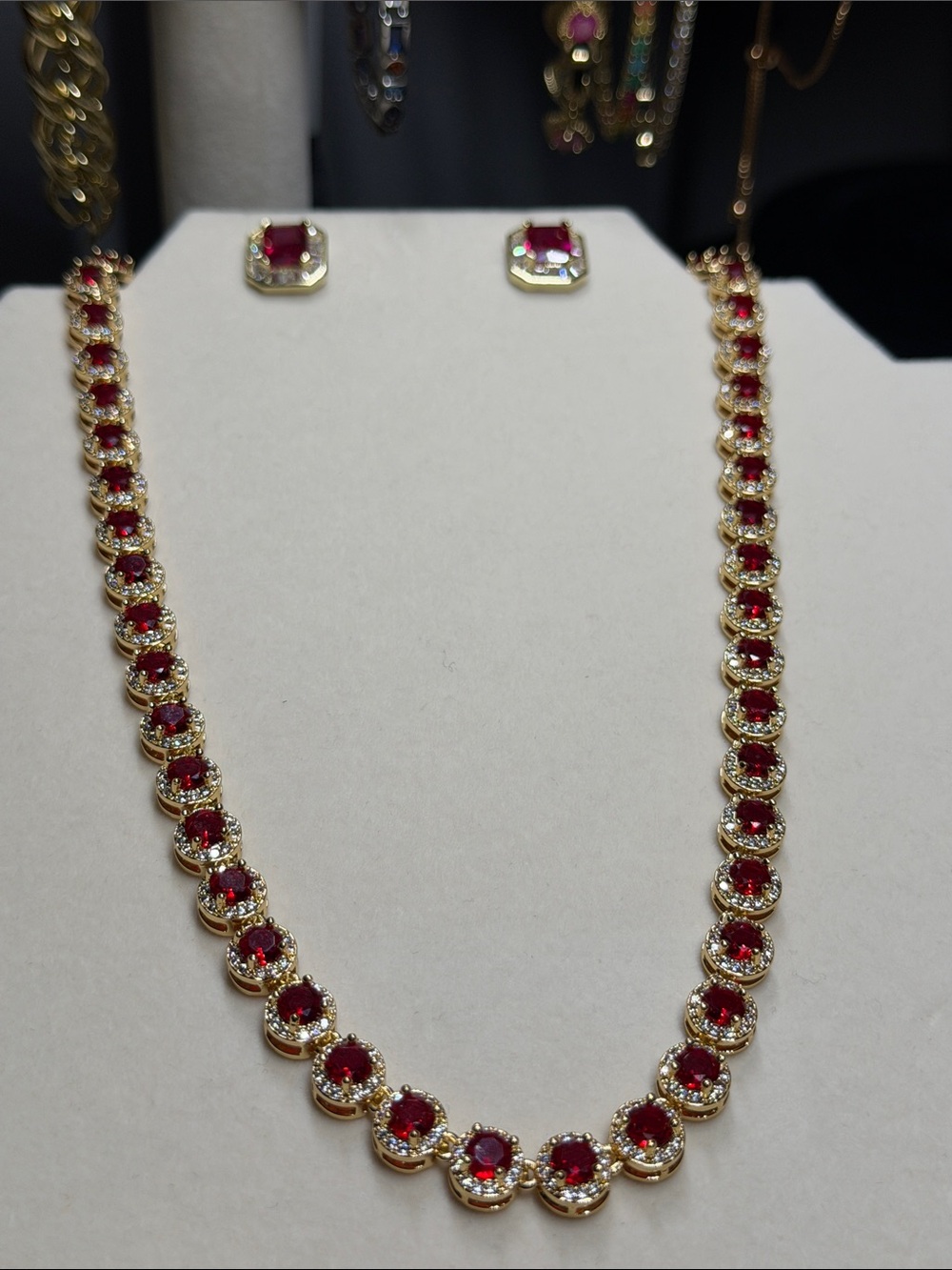 18k triple plated gold, 18” garnet necklace.